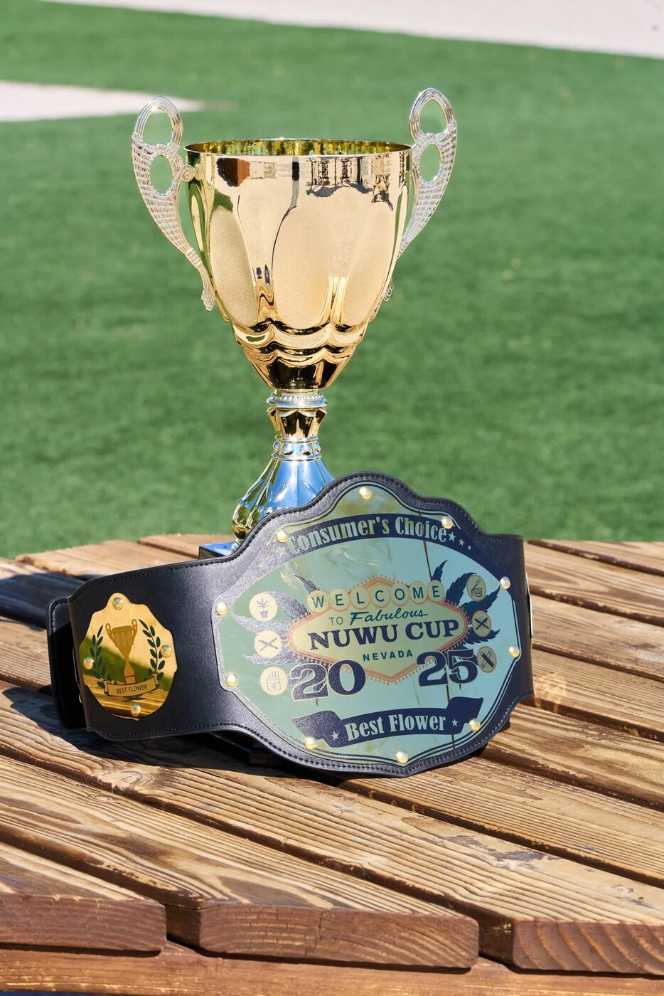 The 2025 NuWu Cannabis Cup trophy and Consumer's Choice championship belt
