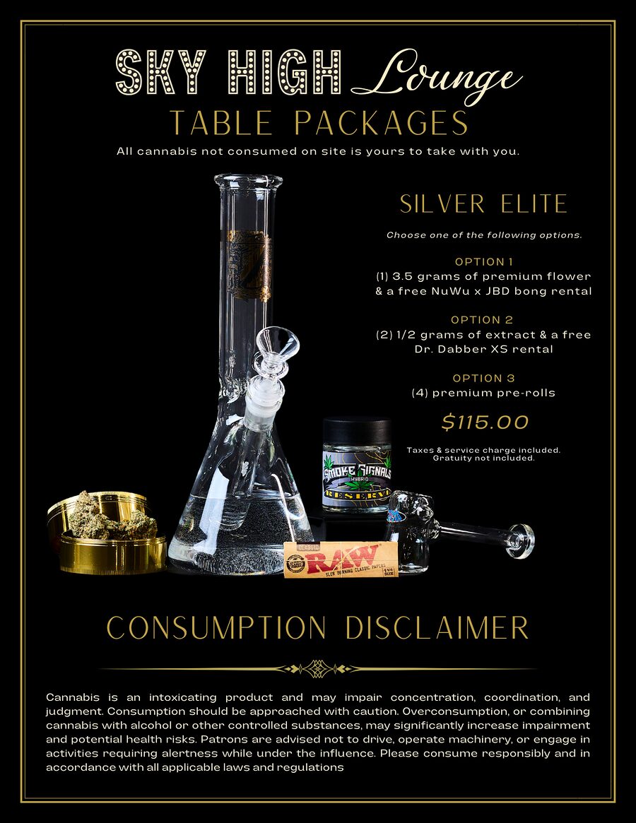 Sky High Lounge Silver Elite menu card — bong, premium flower bag, RAW papers, pricing
