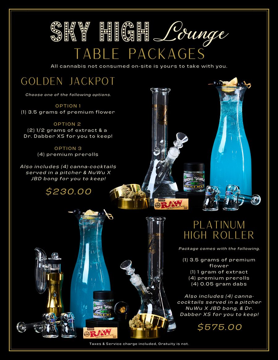 Sky High Lounge Golden Jackpot and Platinum High Roller menu card — cannacocktail pitchers, bongs