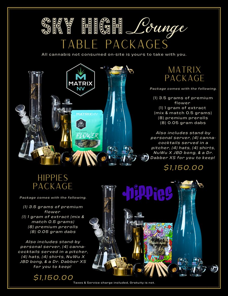 Sky High Lounge Matrix and Hippies brand packages menu card