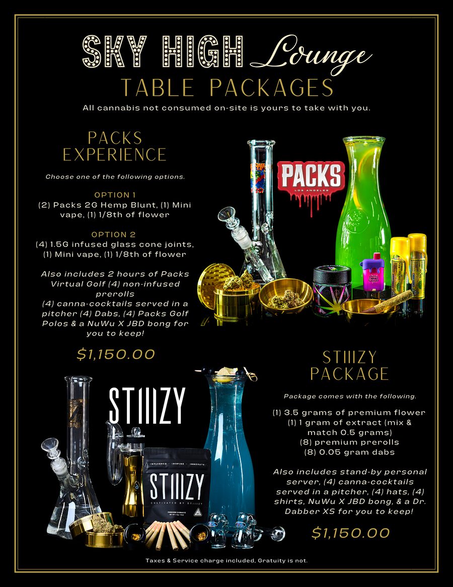 Sky High Lounge Packs Experience and STIIIZY brand packages menu card