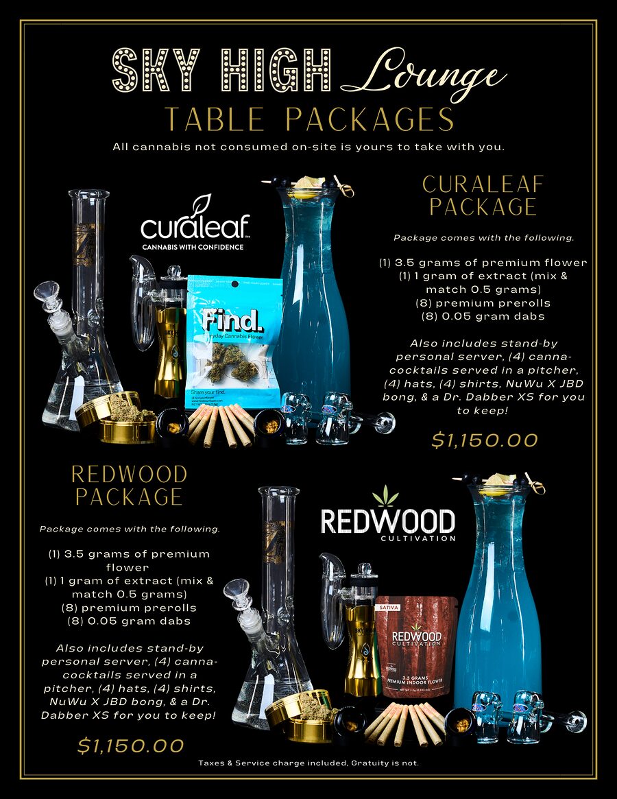 Sky High Lounge Curaleaf and Redwood brand packages menu card