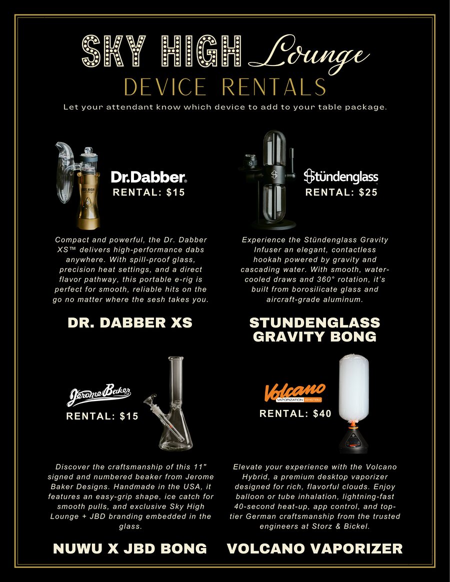 Sky High Lounge device rentals menu card — Dr. Dabber XS, NuWu x JBD bong, Stündenglass Gravity, Volcano Hybrid
