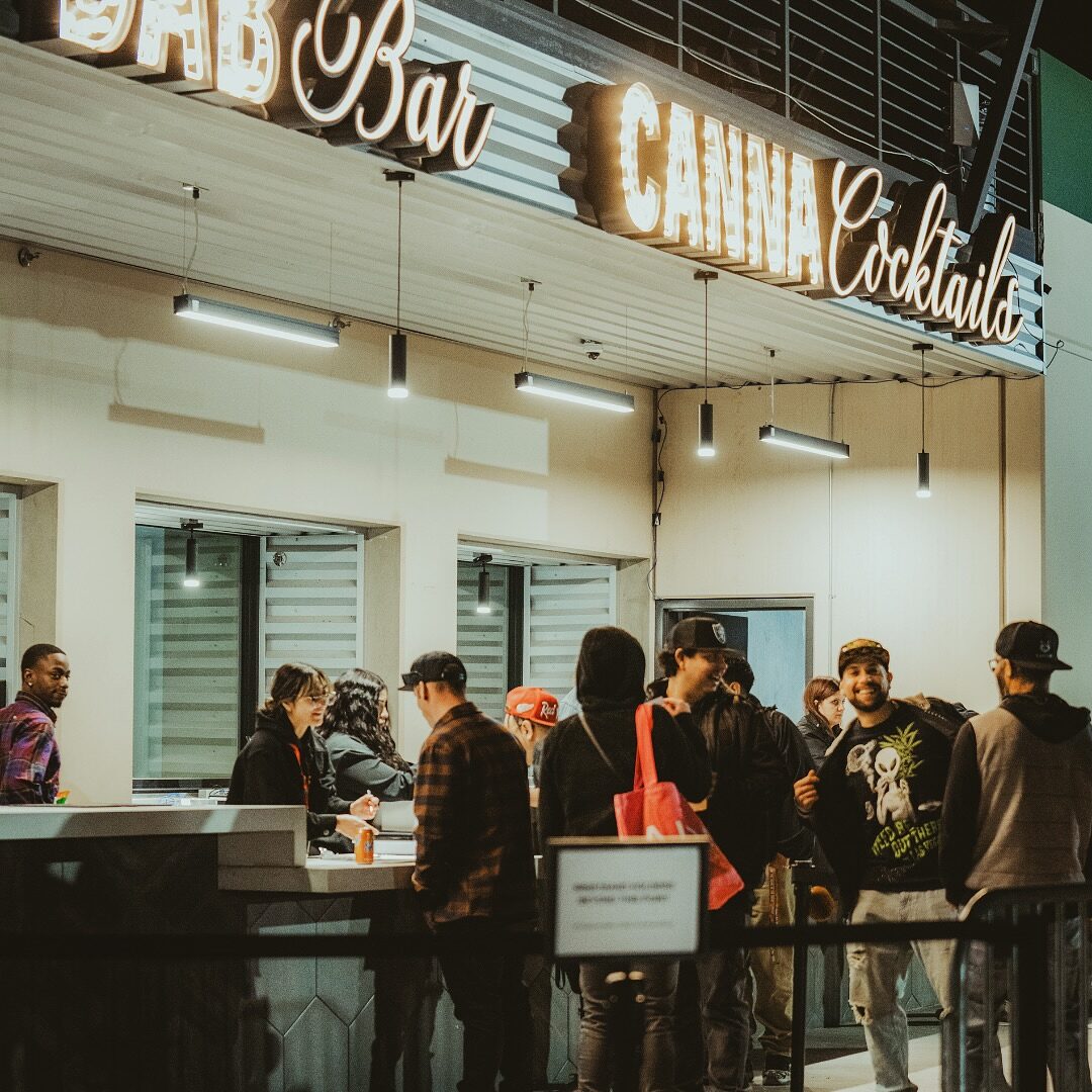 Sky High Lounge's neon DAB Bar and CANNA Cocktails counter with customers being served