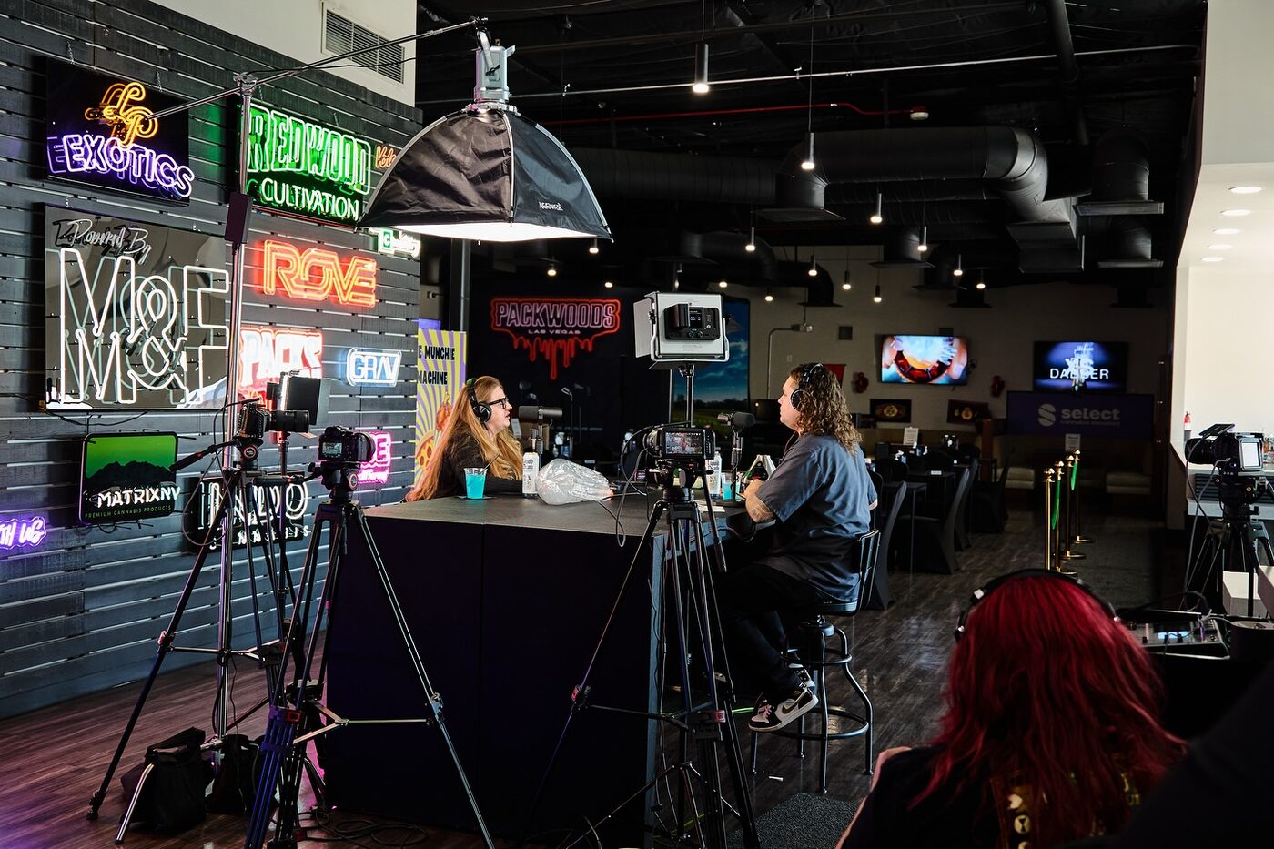 NuWu Sessions podcast recording inside Sky High Lounge, framed by neon brand signs