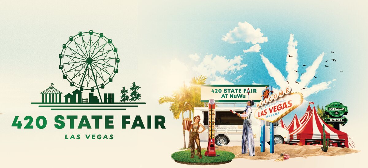 420 State Fair 2024 key-art banner — Las Vegas carnival scene with a cannabis-leaf sunburst