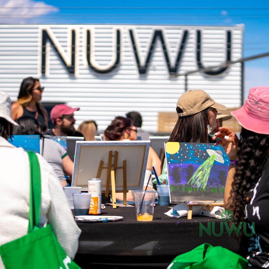 Crowds gather outside the NuWu Cannabis Marketplace