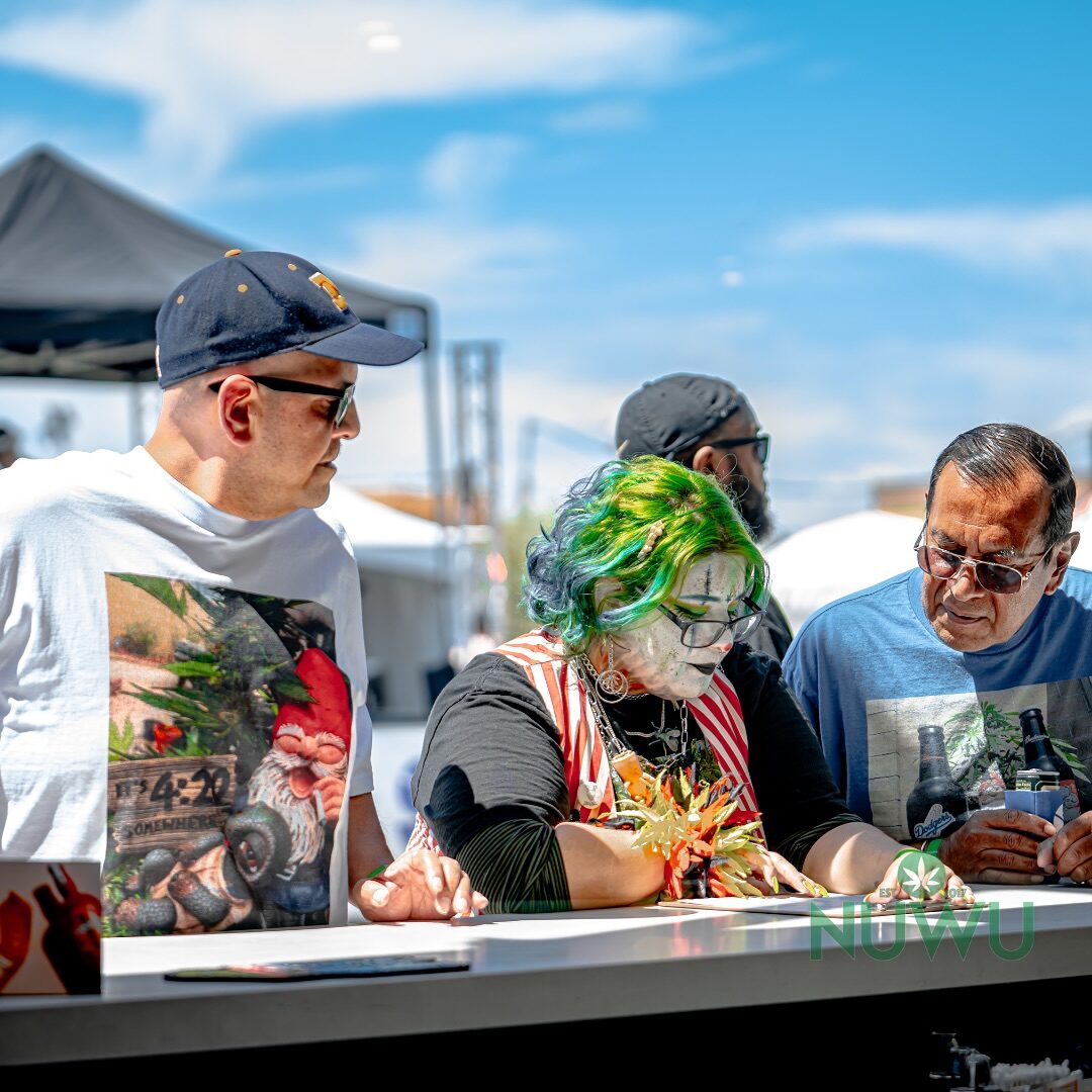 Friends hang out at a fair vendor table