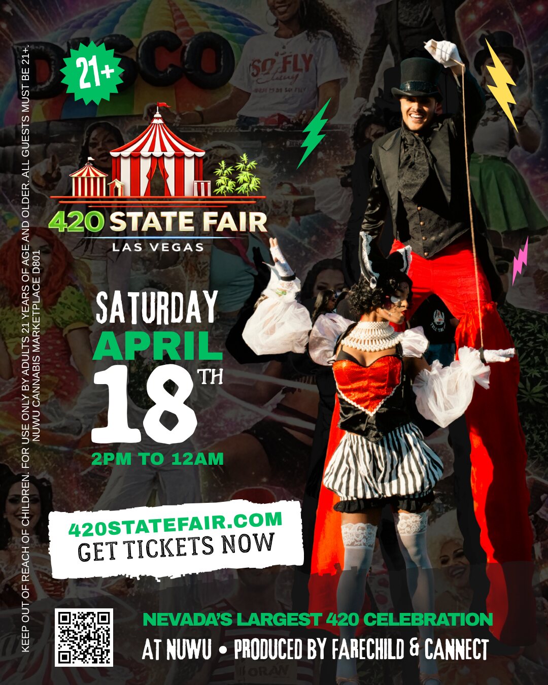Official 420 State Fair 2026 poster — circus-theme ringmaster and performers, Saturday April 18, 2pm–12am, 420statefair.com